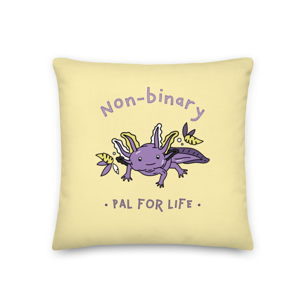 Yellow non-binary pillow with a purple axolotl and “Non-binary Pal for Life” text