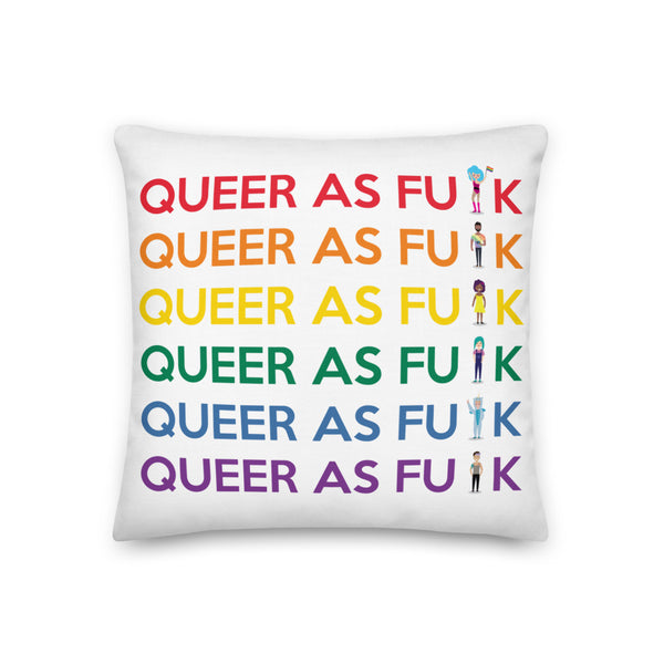 White square pillow printed with six colorful rows of “QUEER AS FUK” and illustrated figures