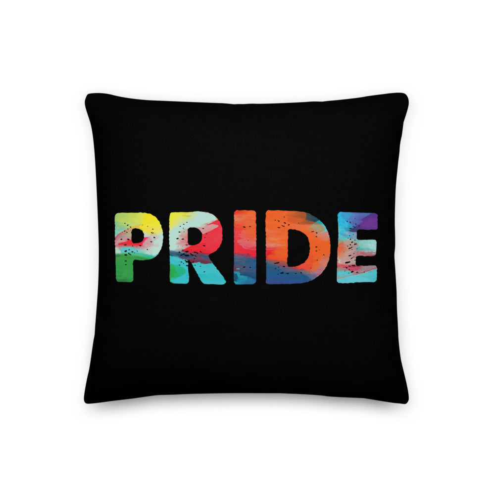Black Pride pillow with large multicolor painted-style lettering