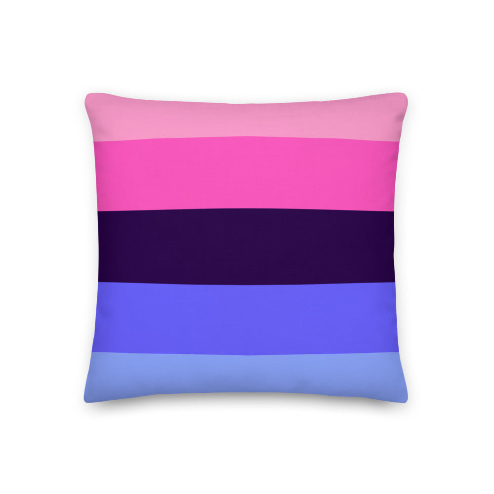 Square pillow with horizontal pink, purple, and blue stripes on a white background