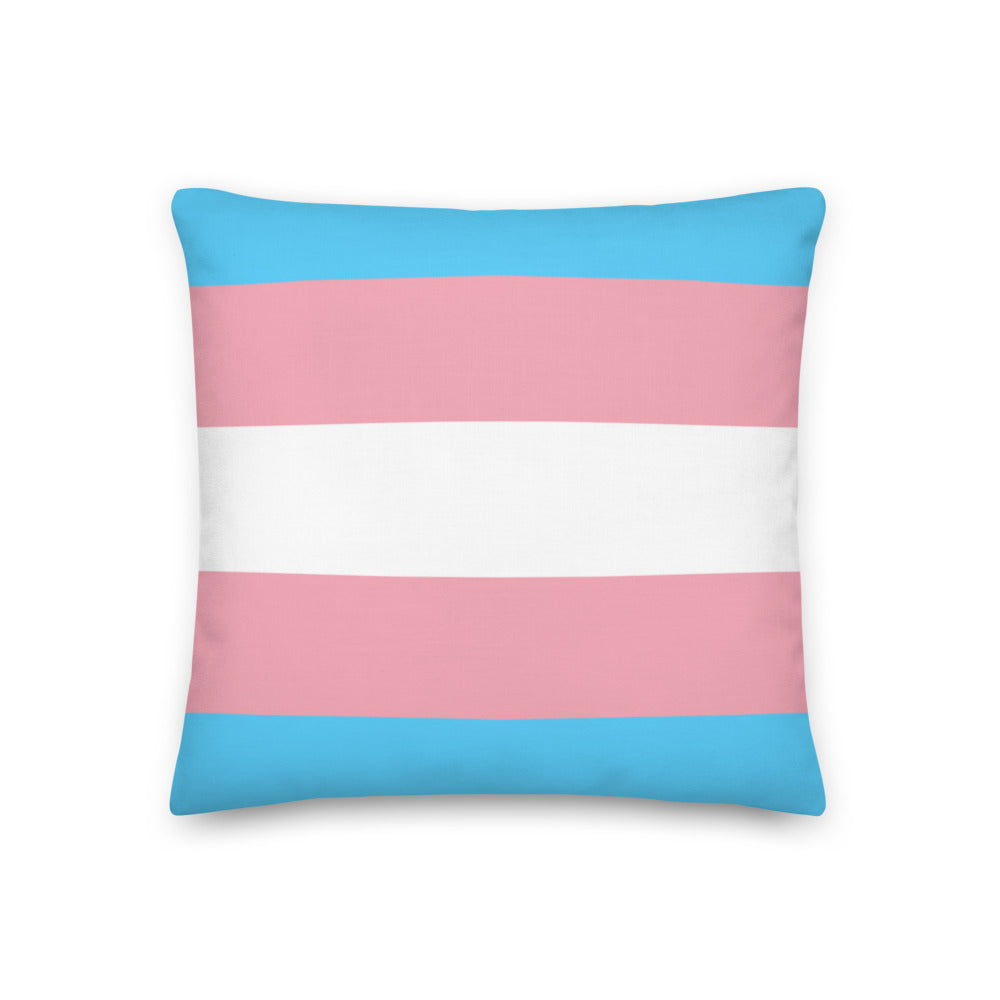 Square pillow with horizontal blue, pink, and white transgender pride stripes
