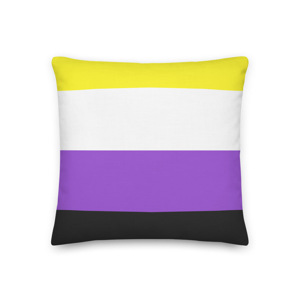 non binary stores: Non-Binary Premium Pillow with yellow, white, purple, and black stripes on a beige sofa