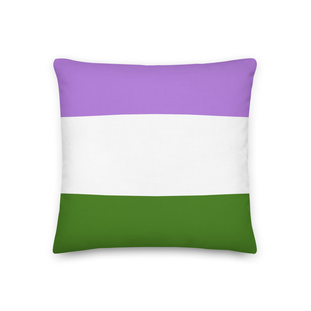 Front-facing rectangular pillow with purple, white, and green horizontal bands