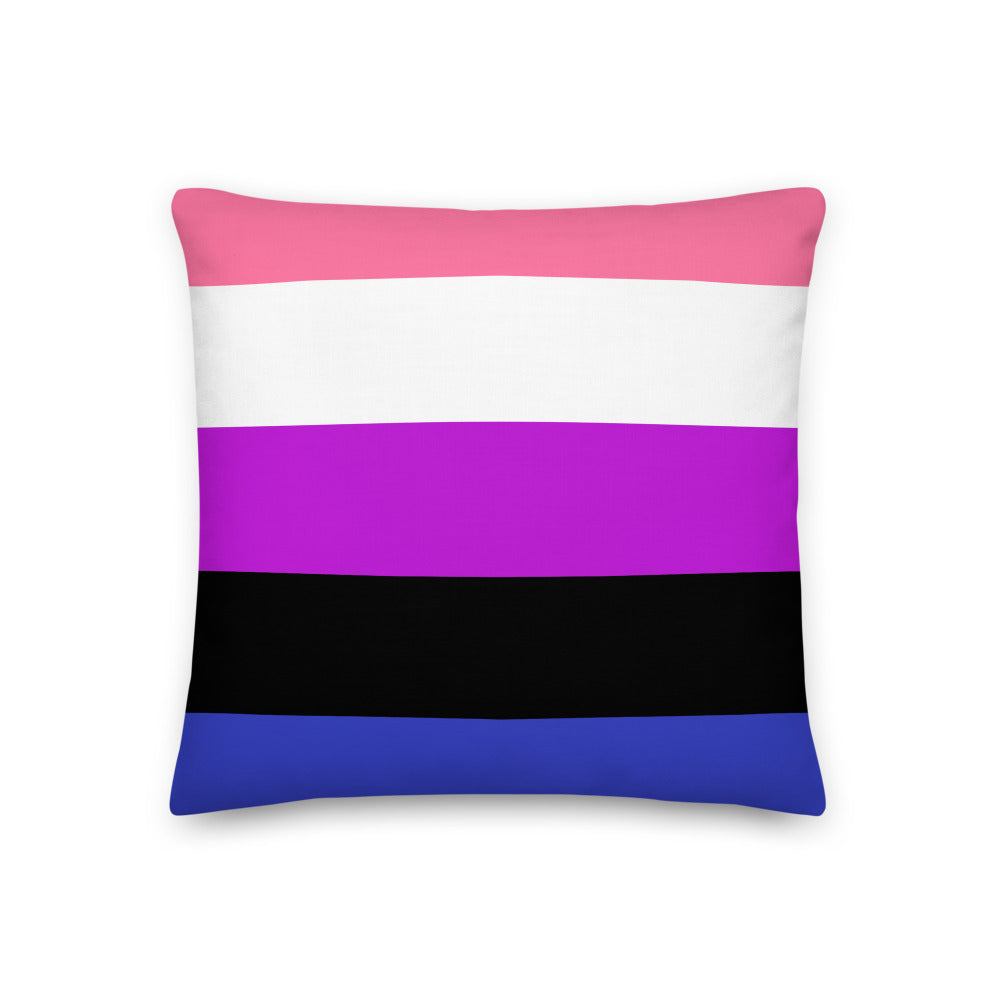 Square pillow with pink, white, purple, black, and blue horizontal bands