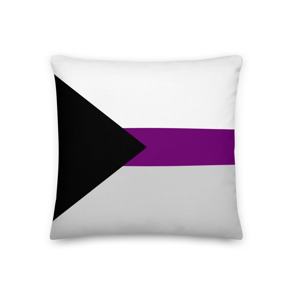 Square white pillow with a black triangle and purple horizontal stripe