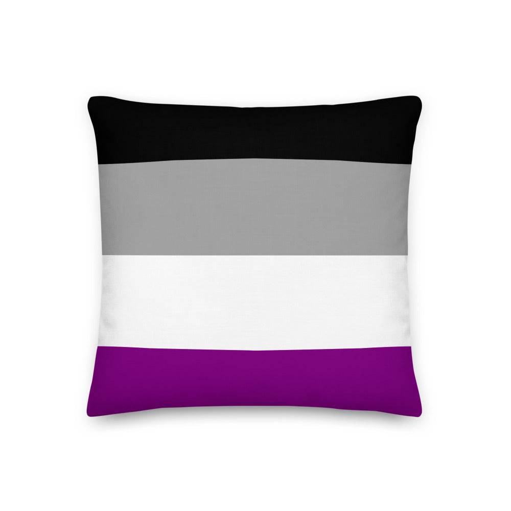 Rectangular pillow with black, gray, white, and purple horizontal stripes