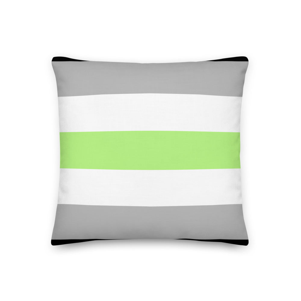 Square pillow with gray, white, and bright green horizontal stripes, shown front-on