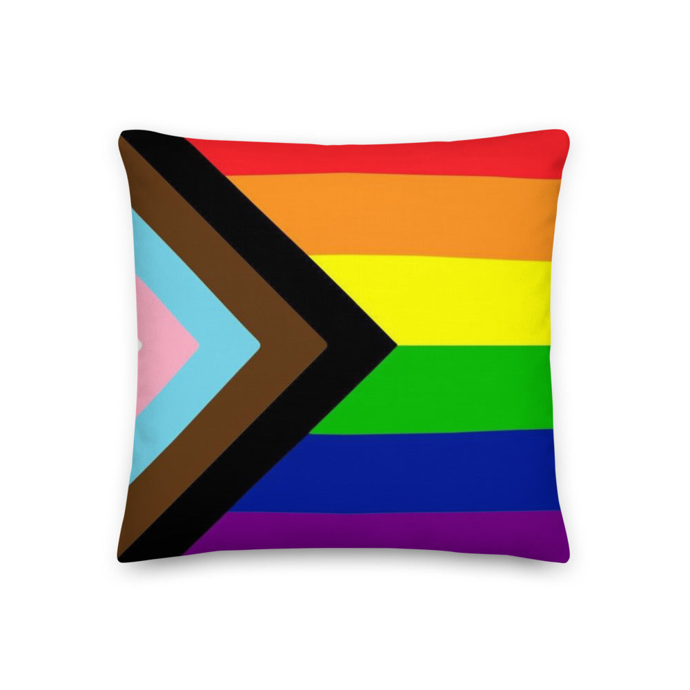 bi flags: LGBT Progress Pride Flag Premium Pillow on rust-red armchair, knit throw, terracotta room, bookshelves, queer