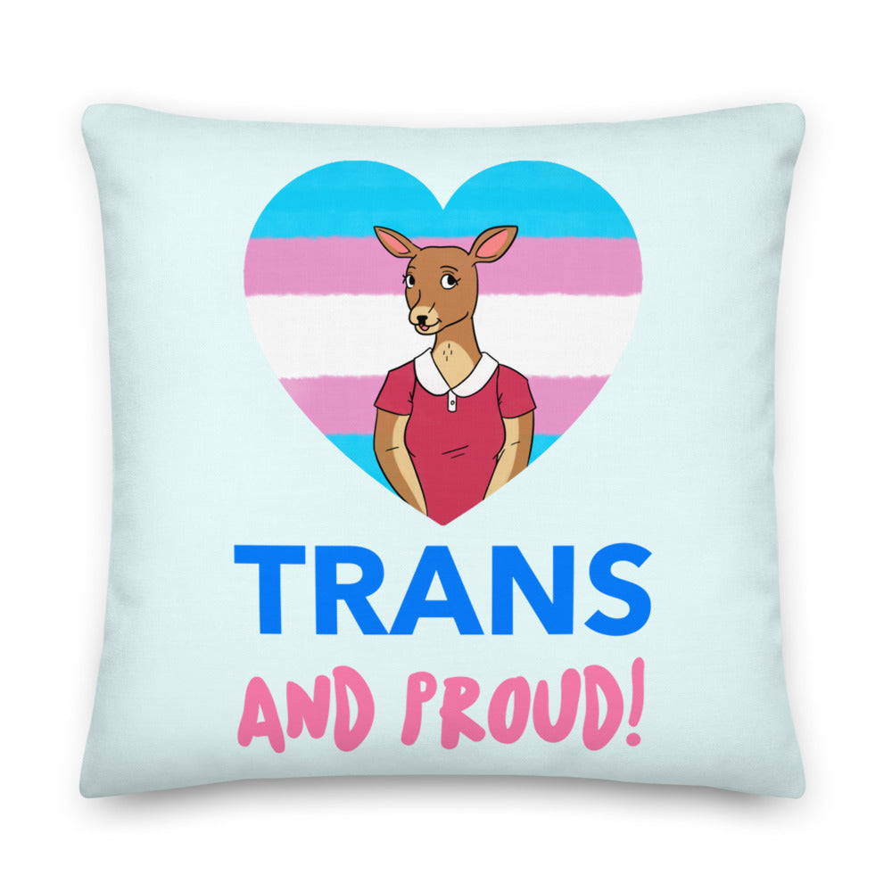 Trans Pride pillow with kangaroo illustration, heart-shaped flag design, and “TRANS AND PROUD!” text