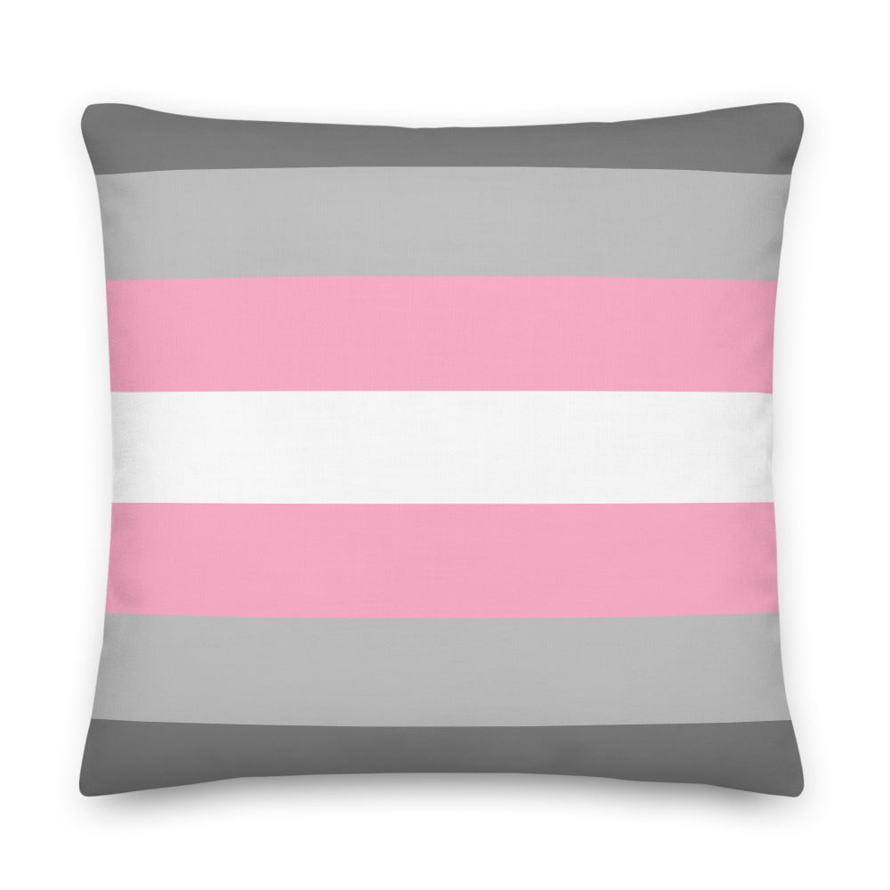 Square pillow with horizontal dark gray, gray, pink, and white stripes
