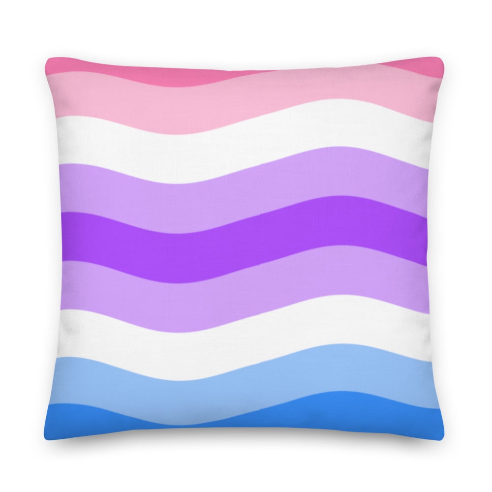 Square pillow with pink, white, purple, and blue wavy horizontal stripes