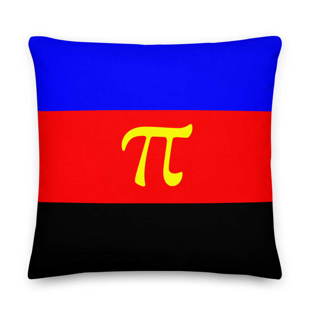 Front-facing square pillow with blue, red, and black bands and a yellow pi symbol