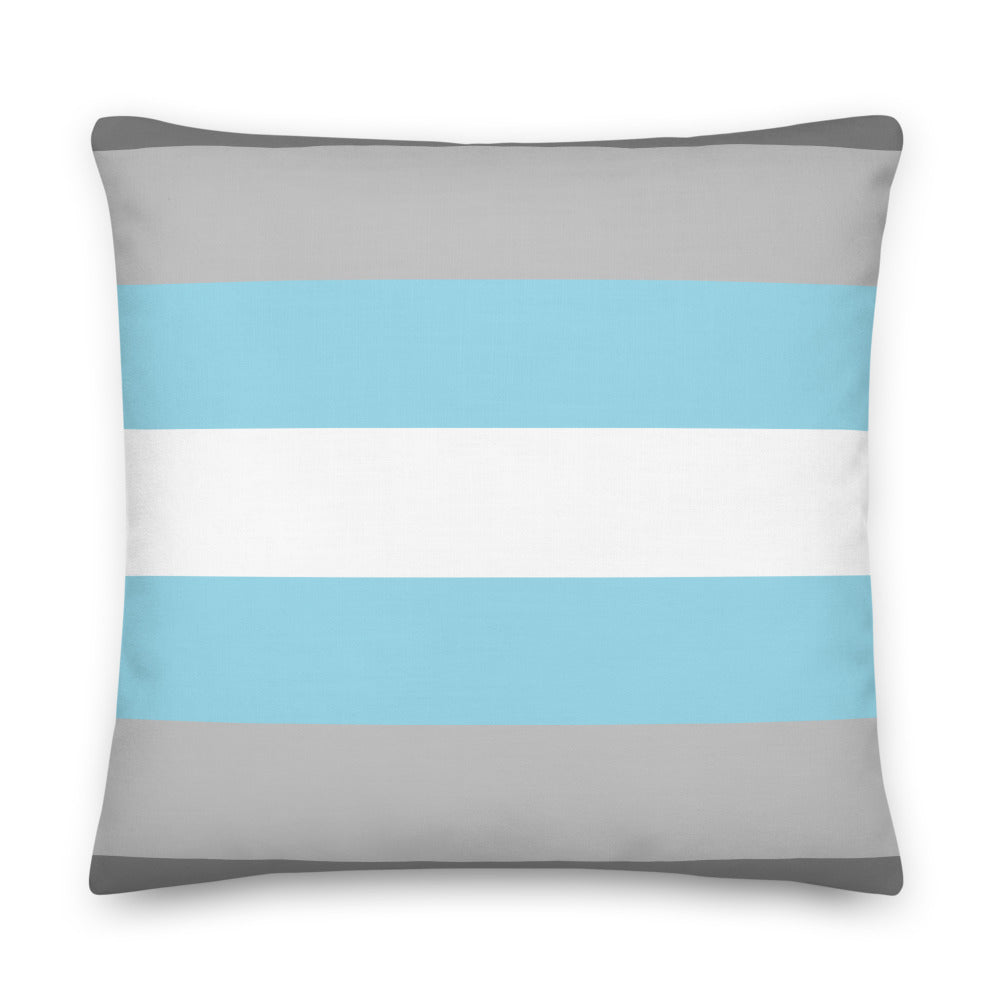 Square pillow with horizontal dark gray, gray, light blue, and white stripes