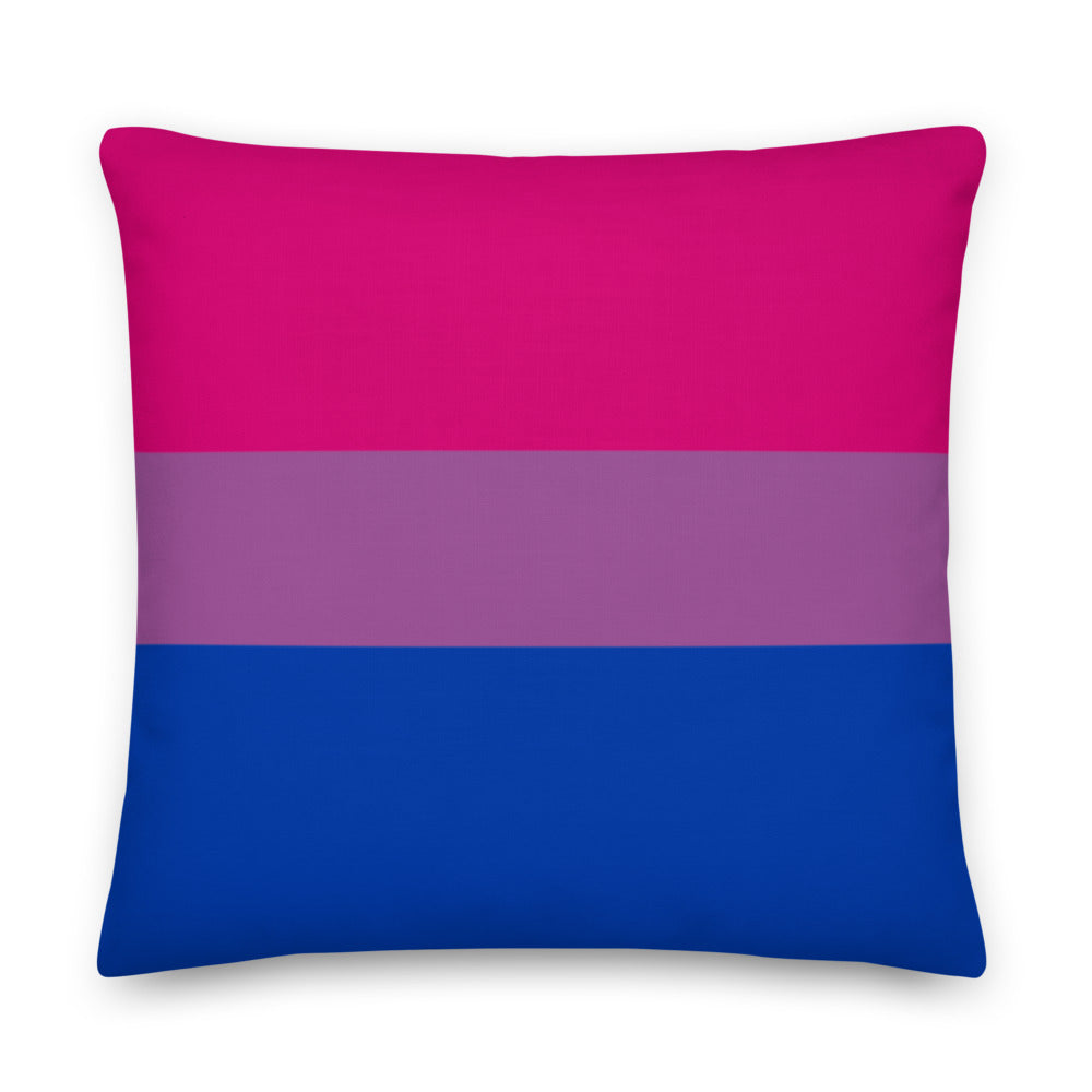 Square pillow with horizontal pink, lavender, and blue stripes, shown front-facing