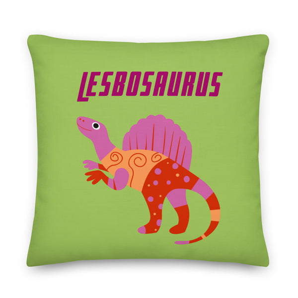 Front-facing lime-green pillow with “LESBOSAURUS” text and a colorful dinosaur illustration