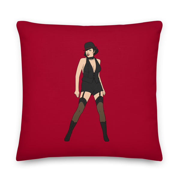 Red square pillow featuring an illustrated woman in a black cabaret outfit and hat