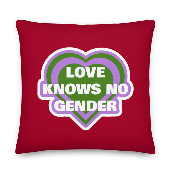 Red square pillow with a purple and green heart graphic reading “LOVE KNOWS NO GENDER.”