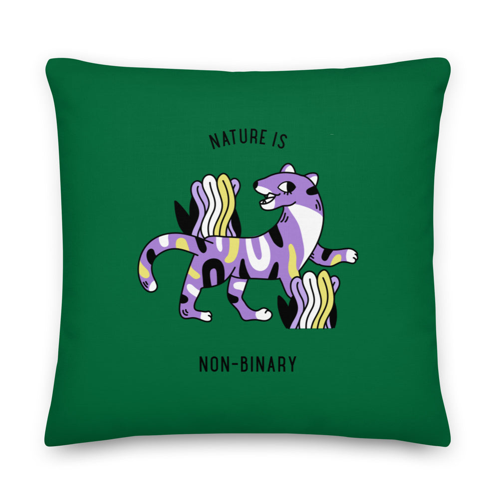 Front-facing green pillow reading “NATURE IS” and “NON-BINARY,” with a colorful winged creature