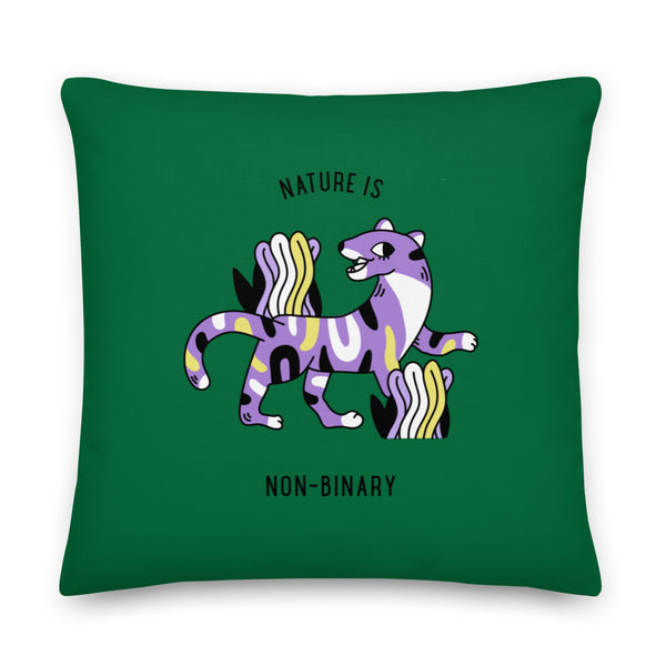 Front-facing green pillow reading “NATURE IS” and “NON-BINARY,” with a colorful winged creature
