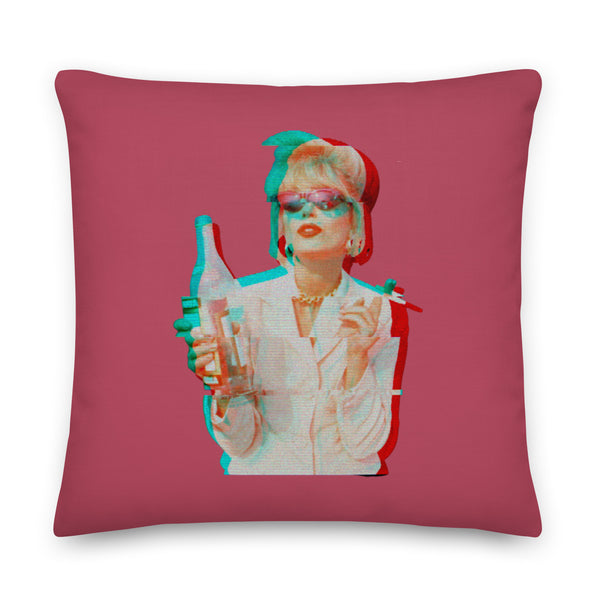 Square burgundy pillow featuring a stylized portrait of a blonde woman holding a bottle