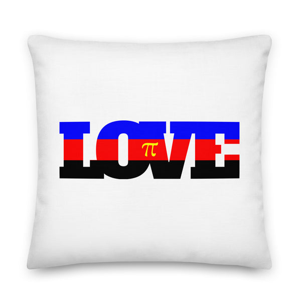 White square pillow with bold LOVE lettering in blue, red, and black stripes