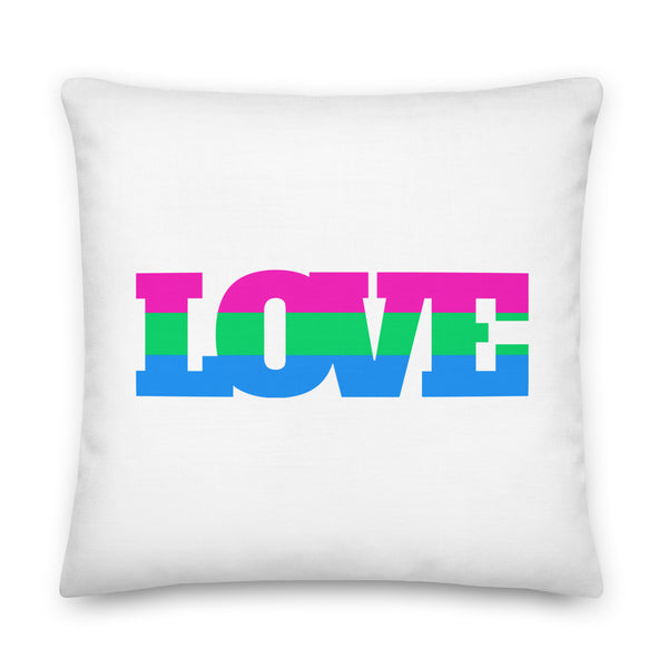 White square pillow with bold LOVE lettering in pink, green, and blue stripes