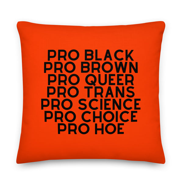 Bright orange square pillow with black text reading “PRO BLACK,” “PRO BROWN,” “PRO QUEER,” “PRO TRANS,” “PRO SCIENCE,” “PR...