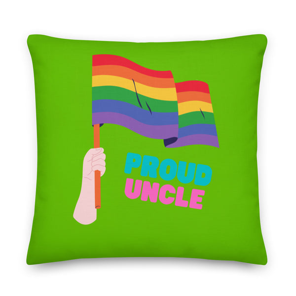 Bright green square pillow with a rainbow flag, raised hand, and “PROUD UNCLE” lettering