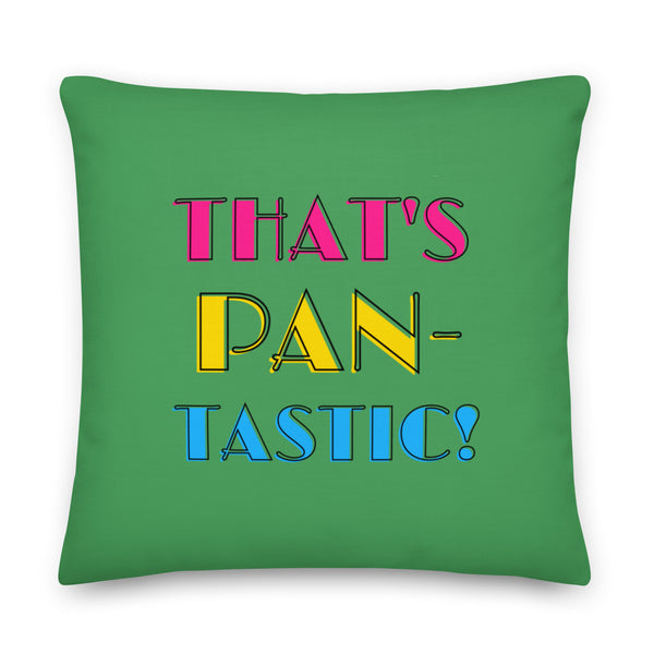 Green square pillow reading “THAT’S PAN-TASTIC!” in pink, yellow, and blue letters
