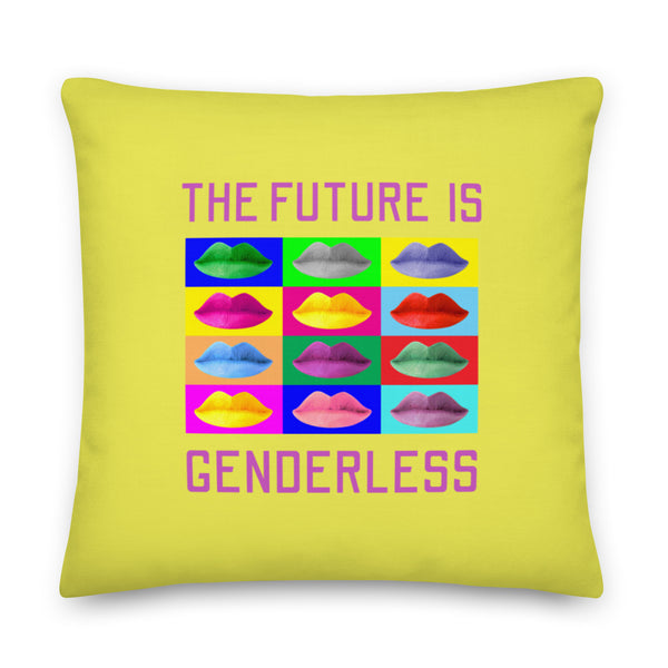 Front-facing yellow pillow reading “THE FUTURE IS GENDERLESS,” with colorful lips grid