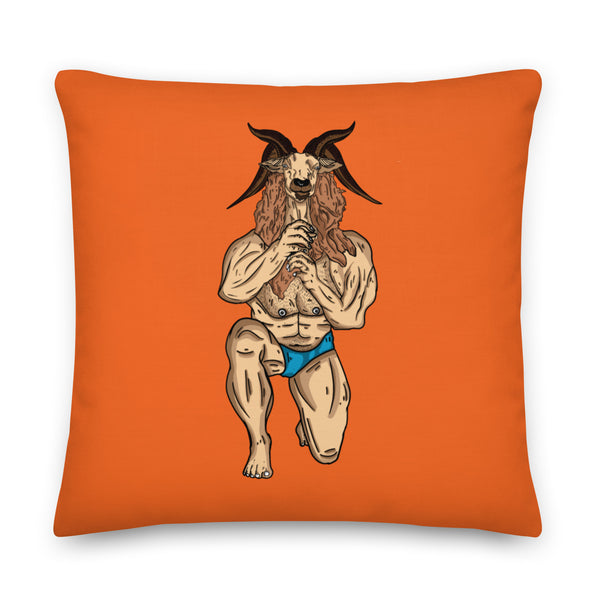 Square orange pillow featuring an illustrated muscular goat-man in blue underwear