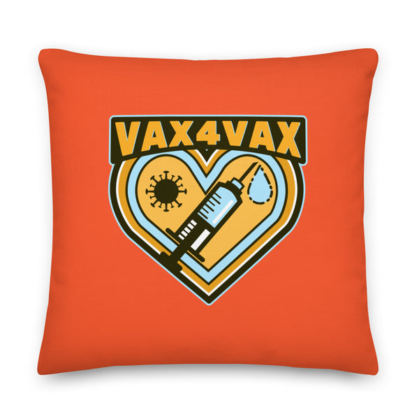 Orange square pillow with a heart graphic, syringe, virus symbol, droplet, and “VAX 4 VAX” text