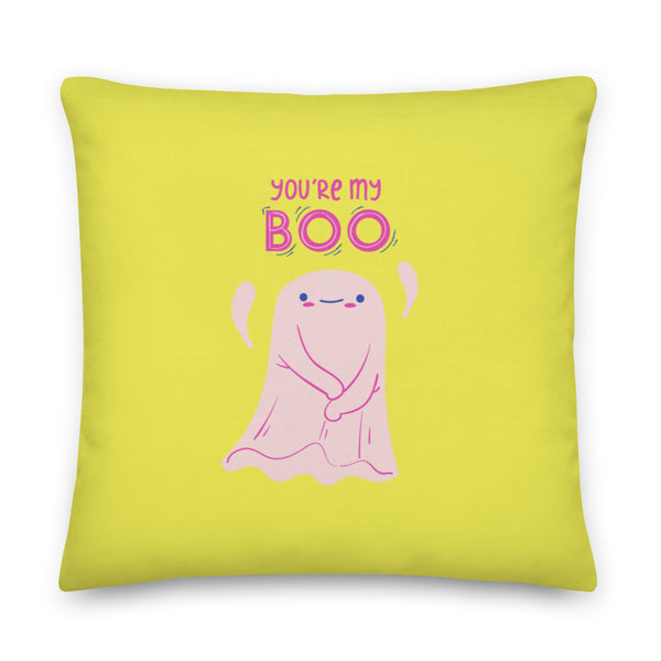 Front-facing lime-green pillow reading “YOU’RE MY BOO” above a pink cartoon ghost