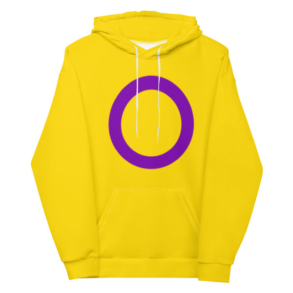 Front-facing yellow hoodie with a large purple intersex symbol on the chest
