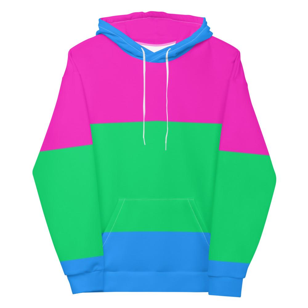 Front view of a color-block hoodie in pink, green, and blue with white drawstrings