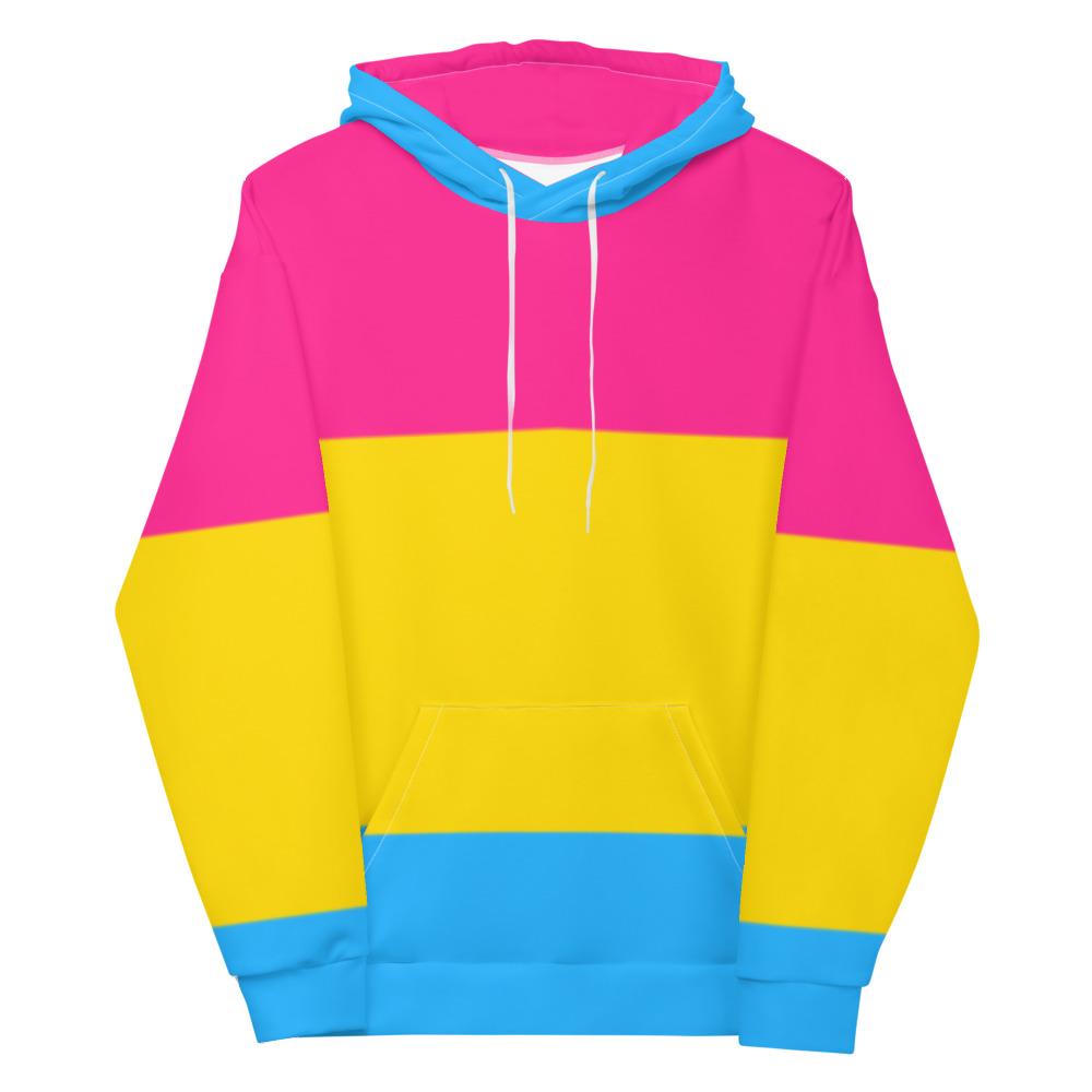Front view of a pink, yellow, and blue striped pullover hoodie with drawstrings