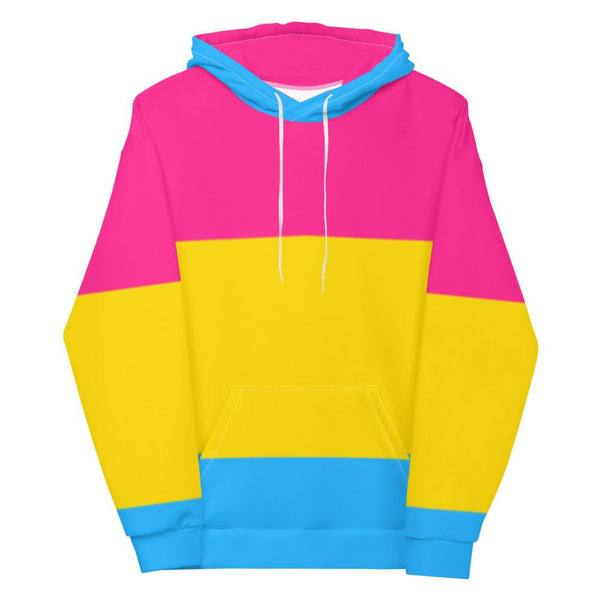 Front view of a pink, yellow, and blue striped pullover hoodie with drawstrings