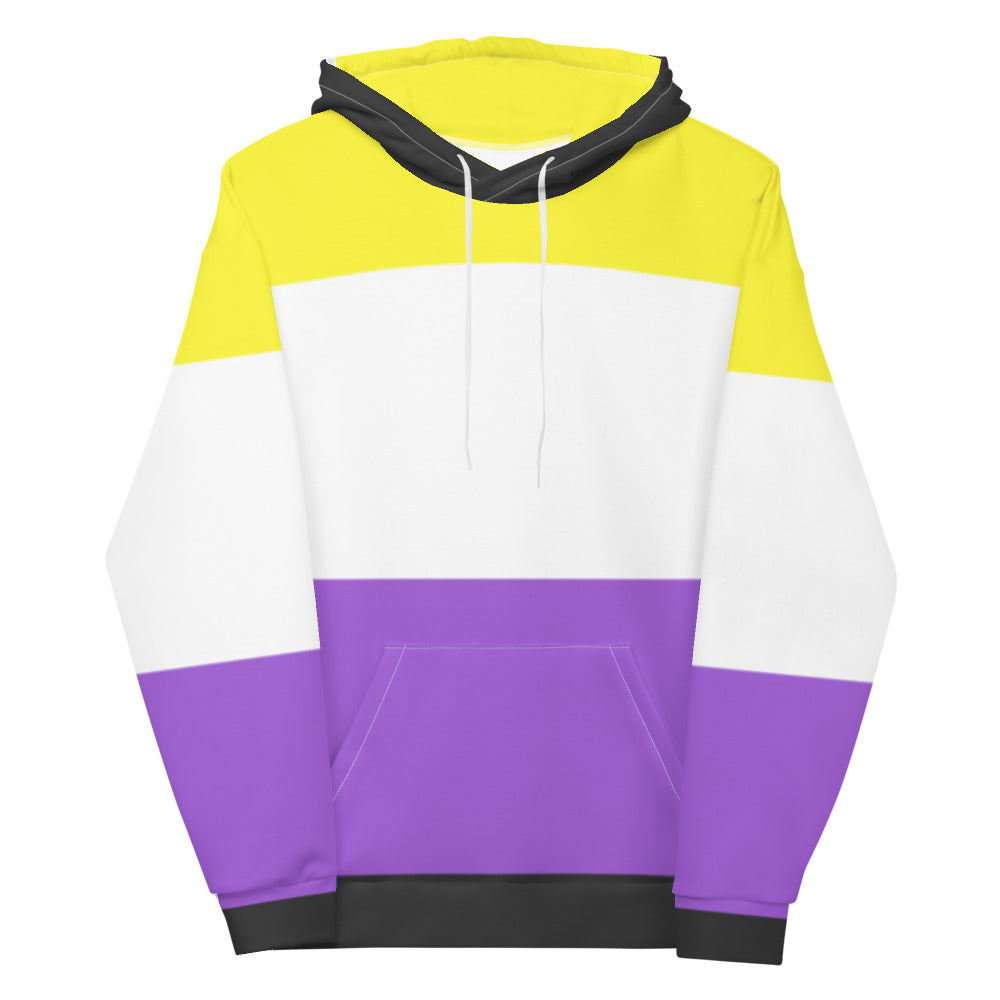 Front view of a yellow, white, and purple color-block hoodie with black hood and cuffs