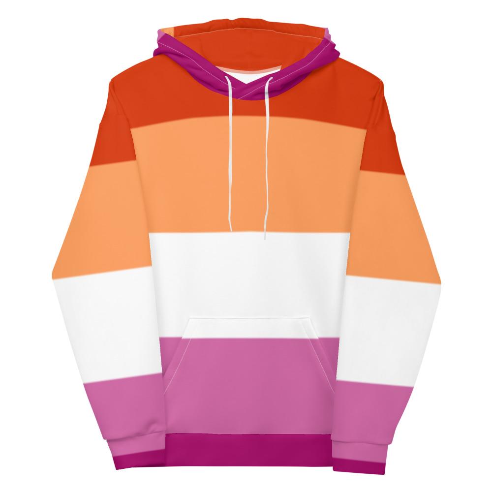 Front view of a lesbian Pride hoodie with orange, white, and pink stripes