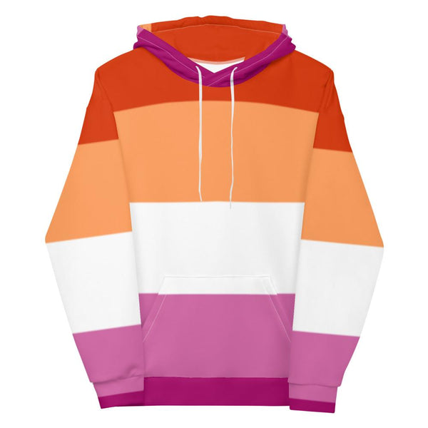 Front view of a lesbian Pride hoodie with orange, white, and pink stripes