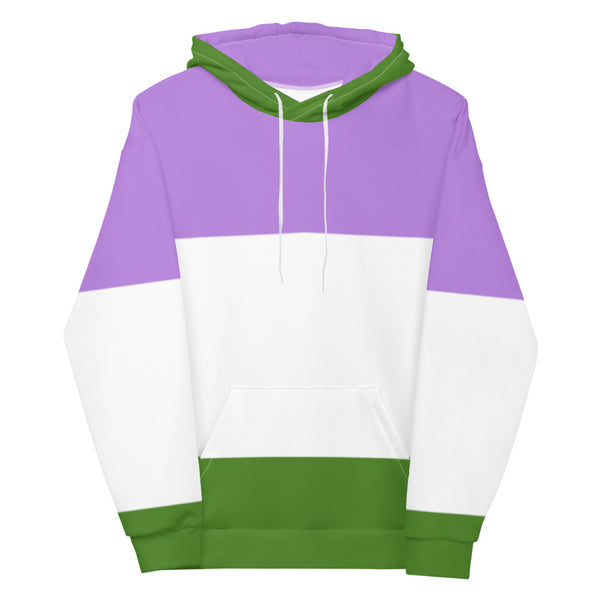 Front-view hoodie with lavender and white panels, green hood, cuffs, and hem