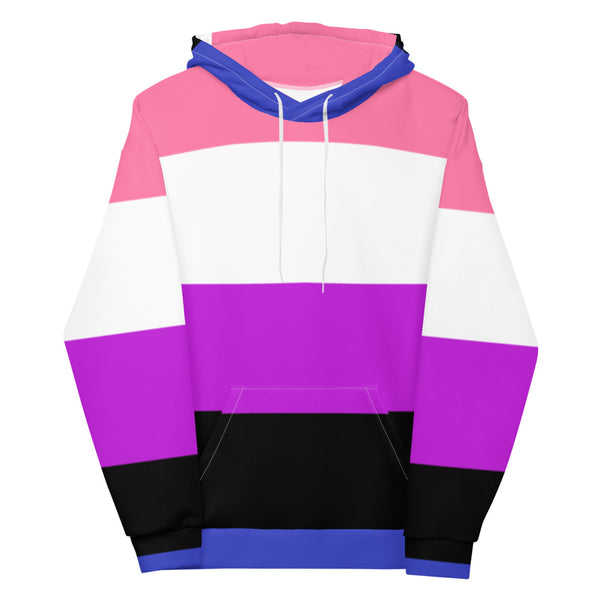 Front view of a genderfluid pride hoodie with pink, white, purple, black, and blue bands