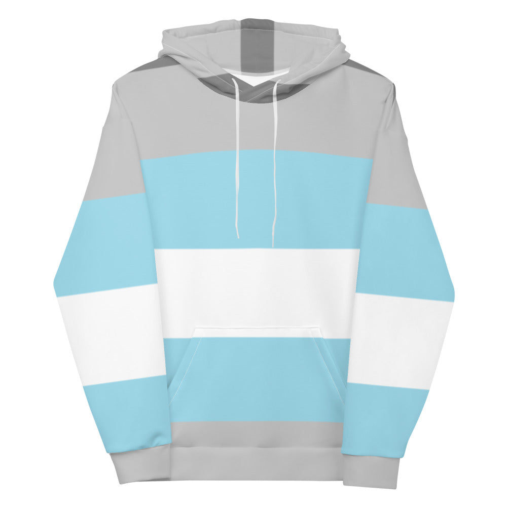 Front view of a gray, blue, and white striped demiboy pride pullover hoodie
