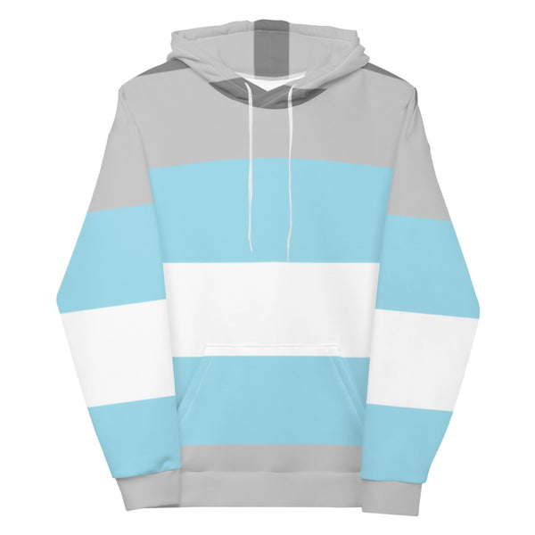 Front view of a gray, blue, and white striped demiboy pride pullover hoodie