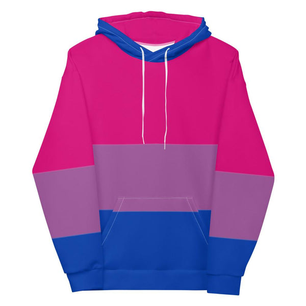 bi flsg: Bisexual Pride All-Over Hoodie in pink, purple, and blue on a confident person at club center stage