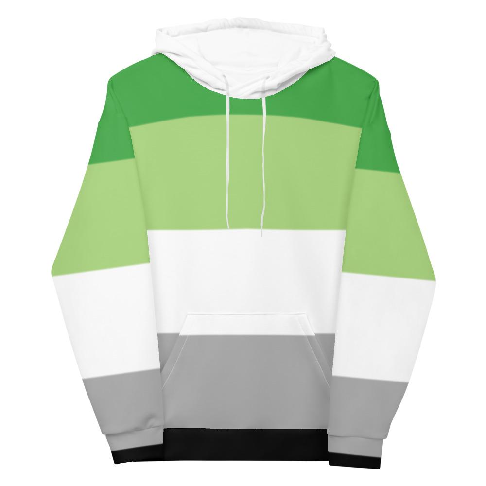 Front-facing all-over hoodie with green, white, and gray horizontal stripes