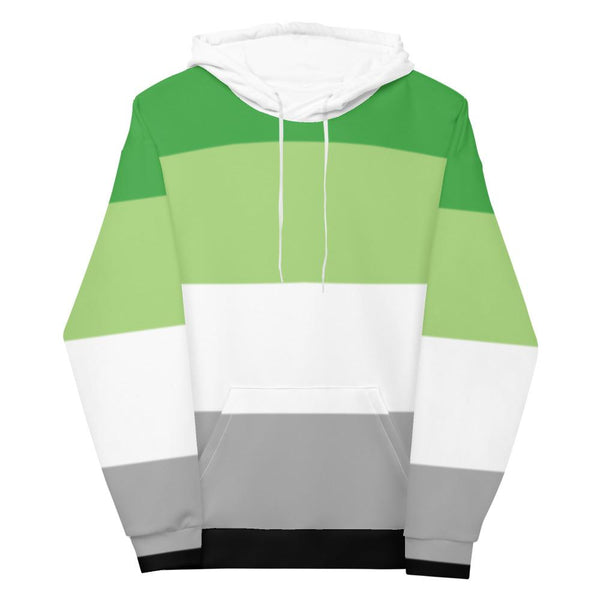 Front-facing all-over hoodie with green, white, and gray horizontal stripes