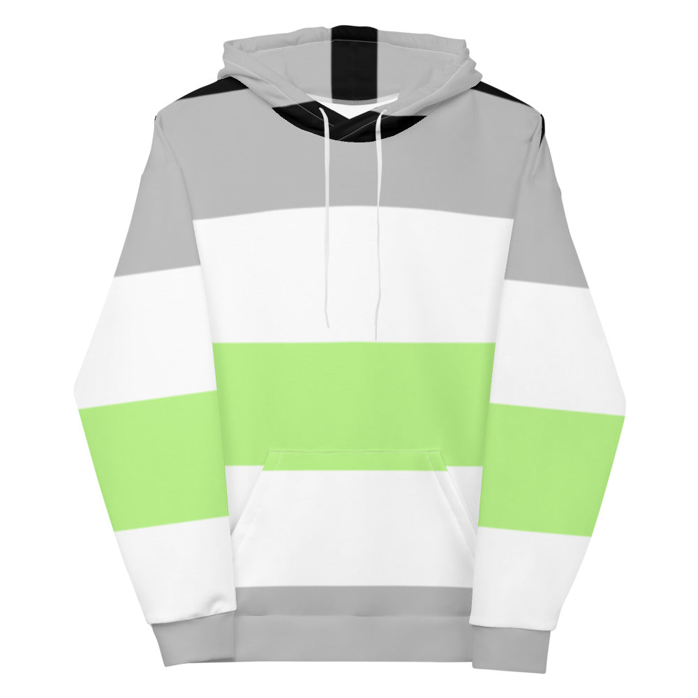 Front-facing agender pride hoodie with gray, white, and lime-green stripes