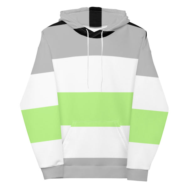 Front-facing agender pride hoodie with gray, white, and lime-green stripes