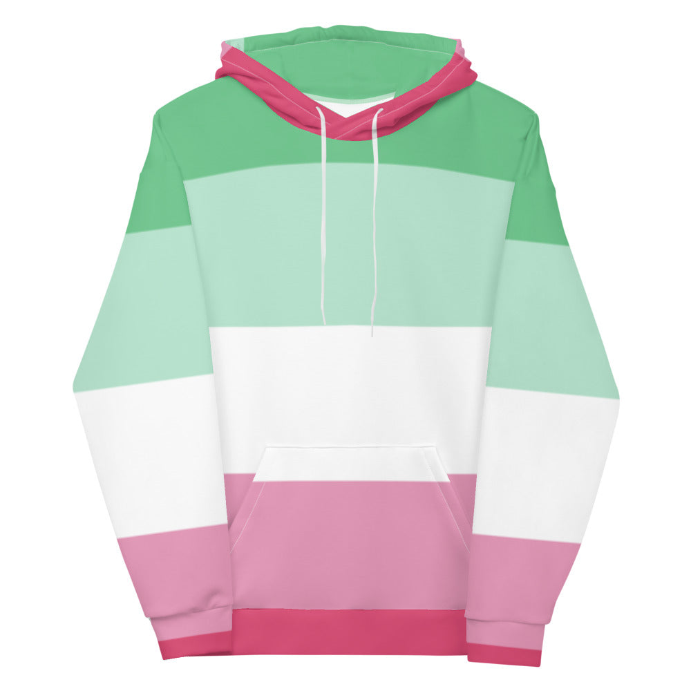 Front-view hoodie with mint green, white, and pink horizontal stripes